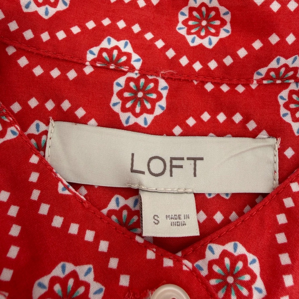 LOFT Womens Small Red White Blouse Geometric Floral Band Collar Elbow Sleeve - Picture 3 of 6